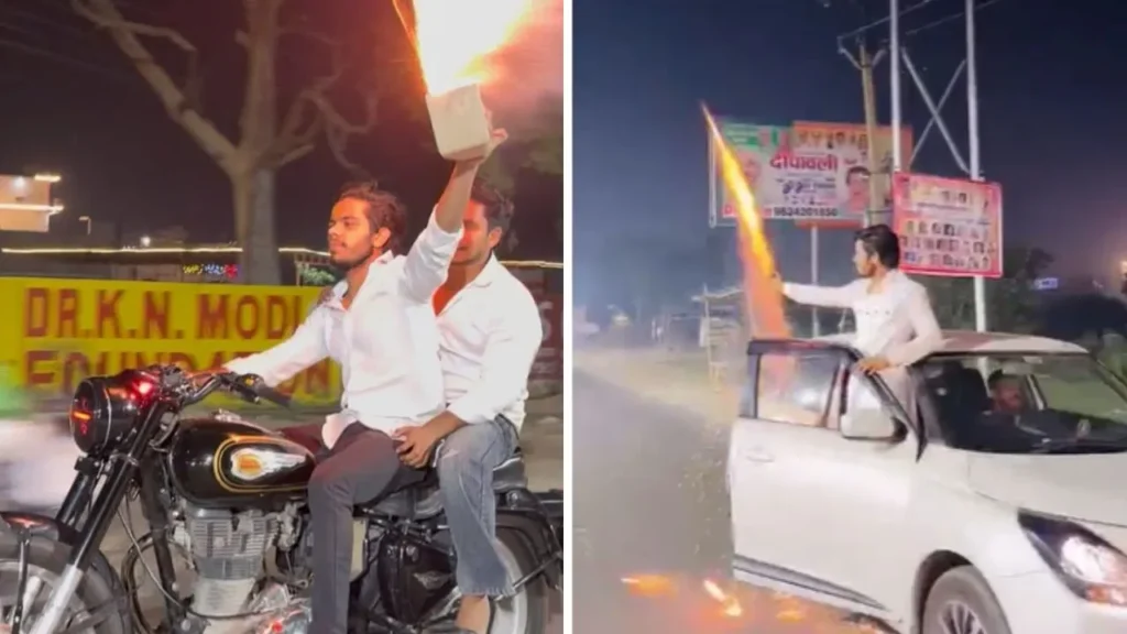 मौत से खिलवाड़: दिल्ली-मेरठ रोड पर चलती गाड़ियों से पटाखे फोड़कर स्टंट, पुलिस ने लिया संज्ञान