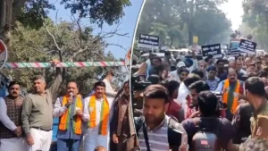 BJP Protest against Congress: AI समिट में हंगामे के खिलाफ बीजेपी का हल्ला बोल, कांग्रेस दफ्तर के बाहर प्रदर्शन, राहुल गांधी से मांगी माफी
