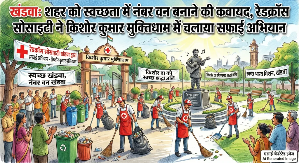 खंडवा: शहर को स्वच्छता में नंबर वन बनाने की कवायद, रेडक्रॉस सोसाइटी ने किशोर कुमार मुक्तिधाम में चलाया सफाई अभियान