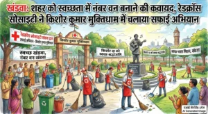 खंडवा: शहर को स्वच्छता में नंबर वन बनाने की कवायद, रेडक्रॉस सोसाइटी ने किशोर कुमार मुक्तिधाम में चलाया सफाई अभियान
