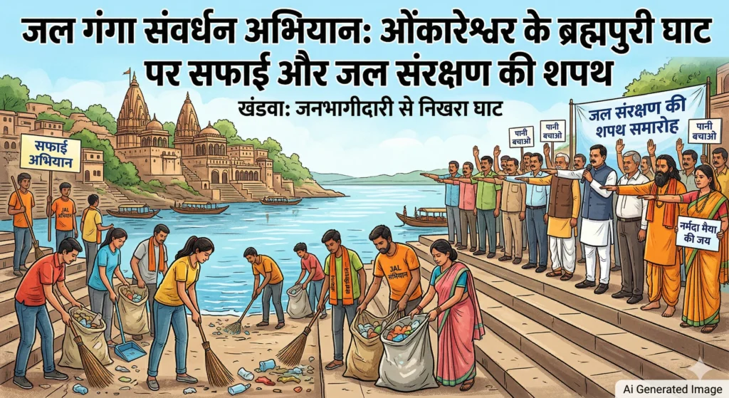 खंडवा: जल गंगा संवर्धन अभियान के तहत ओंकारेश्वर के ब्रह्मपुरी घाट पर हुई सफाई, ली गई जल संरक्षण की शपथ