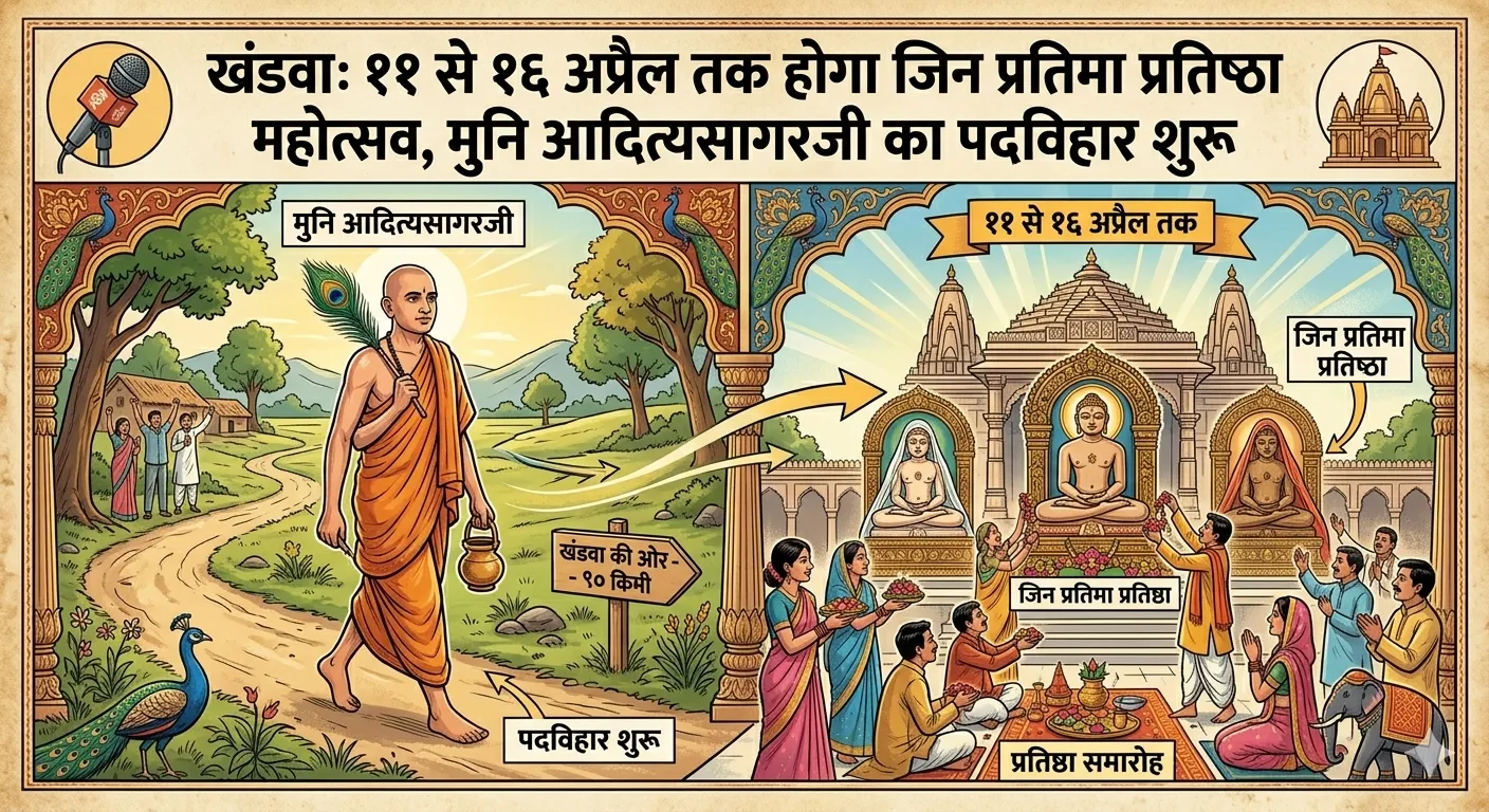 खंडवा: 11 से 16 अप्रैल तक होगा जिन प्रतिमा प्रतिष्ठा महोत्सव, मुनि आदित्यसागरजी का पदविहार शुरू