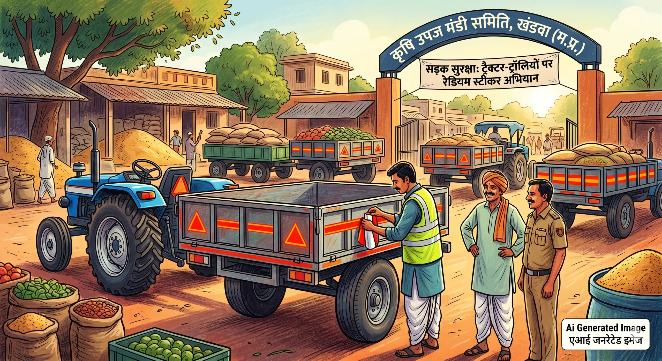 सड़क दुर्घटनाओं को रोकने के लिए कृषि उपज मंडी में ट्रैक्टर-ट्रॉलियों पर लगाए गए रेडियम स्टीकर