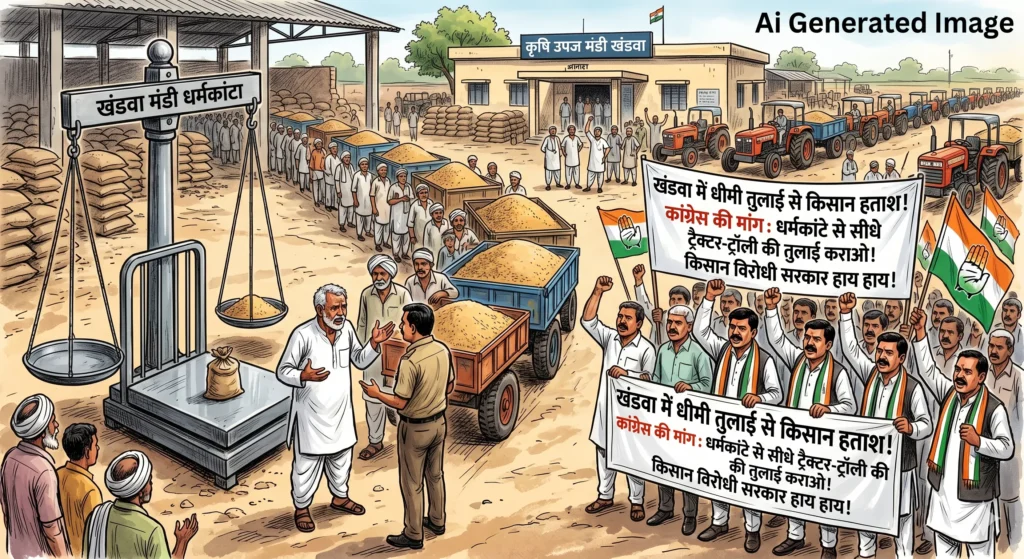 खंडवा में धीमी तुलाई से किसान हताश, कांग्रेस ने की धर्मकांटे से सीधे ट्रैक्टर-ट्रॉली तुलाई की मांग