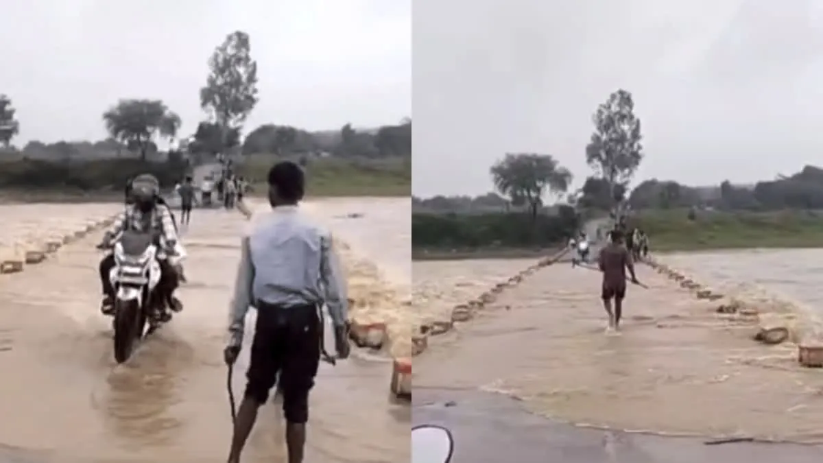 शहडोल में उफनते नालों पर स्टंट: रपटा पुलिया डूबी, तेज बहाव में बाइक निकाल रहे लोग; जैतपुर पुलिस अलर्ट